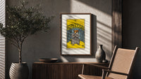 Seated man before nine golden cups poster framed above a fluted sideboard beside an olive tree