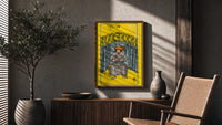 Nine of Cups poster framed above a fluted sideboard beside a potted tree