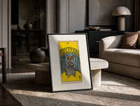 Seated man before nine golden cups print in a black frame leaning on a travertine table in a sunlit lounge