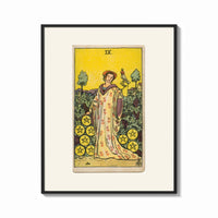 Framed Woman with falcon in vineyard print shown as a bold statement piece on a clean gallery wall