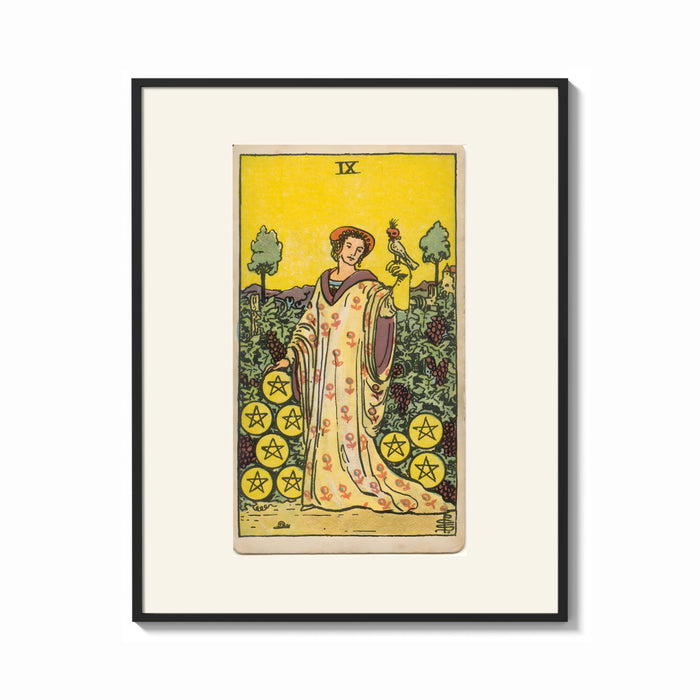 Framed Woman with falcon in vineyard print shown as a bold statement piece on a clean gallery wall