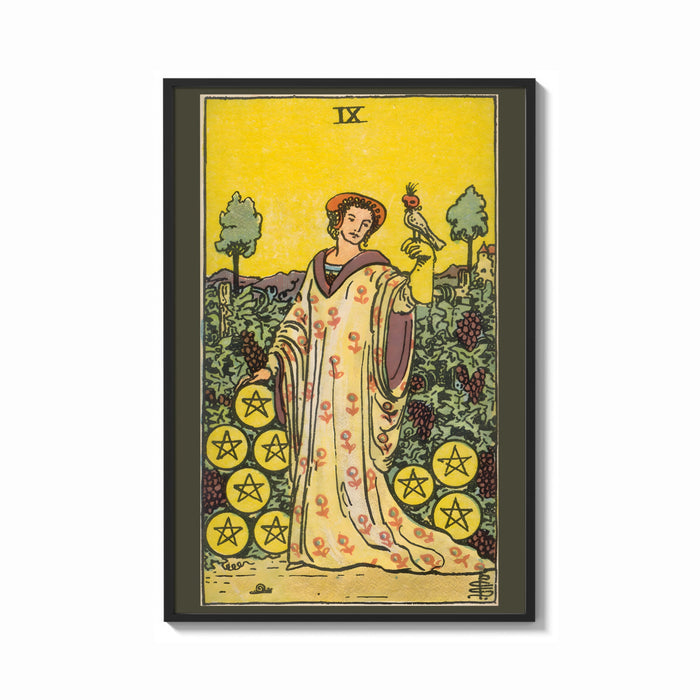 Framed Nine of Pentacles print shown as a bold statement piece on a clean gallery wall