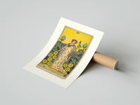 Rolled Woman with falcon in vineyard poster beside its crush-resistant kraft shipping tube