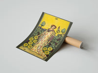 Gently curled Nine of Pentacles print beside its protective shipping tube