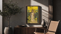 Nine of Pentacles poster framed above a fluted sideboard beside a potted tree