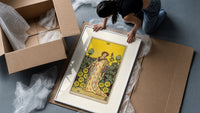 Woman with falcon in vineyard framed print being unpacked from protective bubble wrap and a box