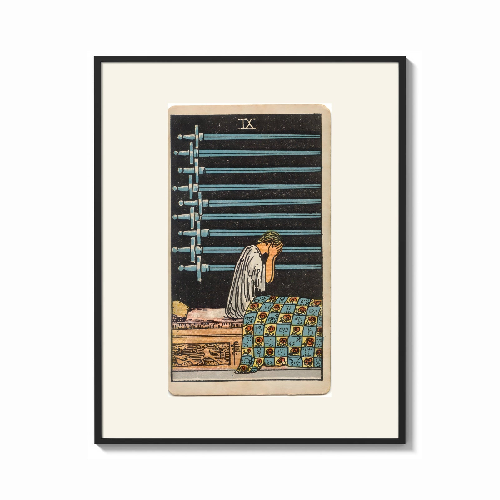Framed Person seated with nine swords print shown as a bold statement piece on a clean gallery wall