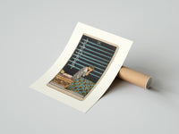 Rolled Person seated with nine swords poster beside its crush-resistant kraft shipping tube