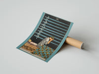 Gently curled Nine of Swords print beside its protective shipping tube