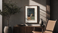 Person seated with nine swords poster framed above a fluted sideboard beside an olive tree