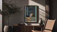 Nine of Swords poster framed above a fluted sideboard beside a potted tree