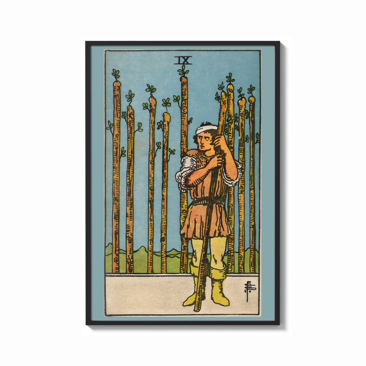 Framed Nine of Wands print shown as a bold statement piece on a clean gallery wall