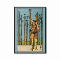 Framed Nine of Wands print shown as a bold statement piece on a clean gallery wall