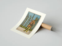 Rolled Man holding wooden staff among wands poster beside its crush-resistant kraft shipping tube
