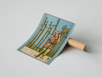 Gently curled Nine of Wands print beside its protective shipping tube