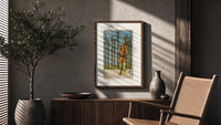 Man holding wooden staff among wands poster framed above a fluted sideboard beside an olive tree