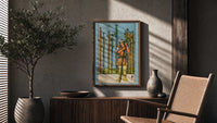 Nine of Wands poster framed above a fluted sideboard beside a potted tree