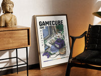 Brass-framed Purple GameCube console with controller print leaning in a warm styled corner by a sculpture
