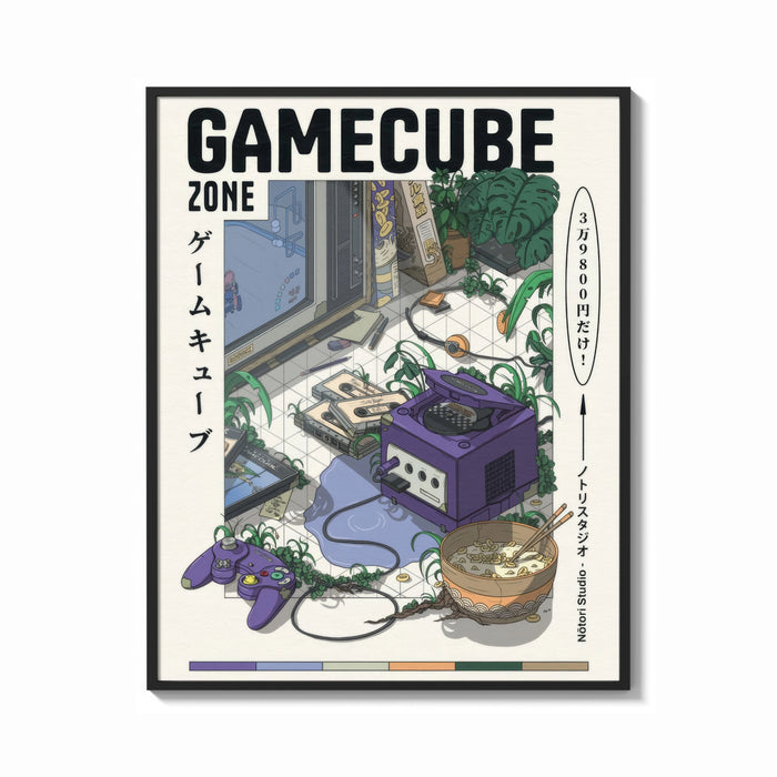 Framed Purple GameCube console with controller print shown as a bold statement piece on a clean gallery wall