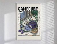Purple GameCube console with controller poster in a slim frame on a bright wall with soft window light