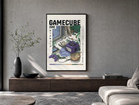 Purple GameCube console with controller poster framed above a wood console in a concrete-wall living room