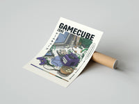 Rolled Purple GameCube console with controller poster beside its crush-resistant kraft shipping tube