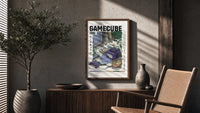 Purple GameCube console with controller poster framed above a fluted sideboard beside an olive tree