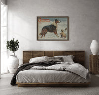 Nora Drummond After the Storm print in a wood frame above a bed with a woven cane headboard