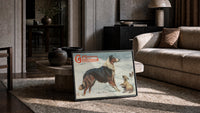 Nora Drummond After the Storm print in a black frame leaning on a rug beside a beige sofa