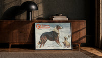 Nora Drummond After the Storm print in a black frame leaning against a walnut sideboard