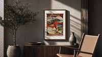 French coastal travel scenes poster framed above a fluted sideboard beside an olive tree