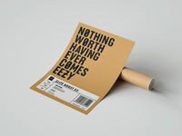 Rolled Motivational typography shoe box label poster beside its crush-resistant kraft shipping tube
