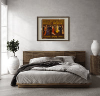 Elegant Parisian crowd in fine dress print in a dark wood frame above a rattan bed on a plaster wall
