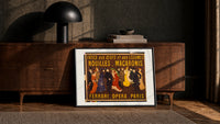 Elegant Parisian crowd in fine dress print in a black frame leaning against a walnut console in lamplight