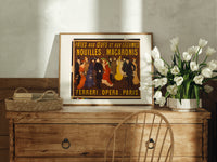 Elegant Parisian crowd in fine dress print in an oak frame on a farmhouse dresser beside white tulips
