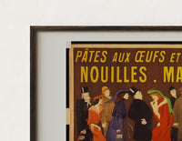 Close-up of the Elegant Parisian crowd in fine dress print's dark wood frame corner and archival matte paper