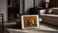 Elegant Parisian crowd in fine dress print in a slim black frame leaning on a travertine coffee table