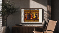 Elegant Parisian crowd in fine dress print in a wood frame above a fluted sideboard beside an olive tree