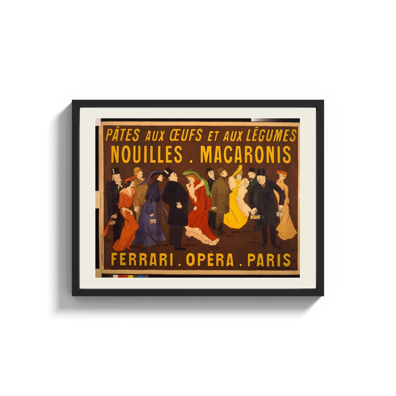 Framed Elegant Parisian crowd in fine dress print shown as a wide statement piece on a clean white wall
