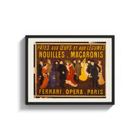 Framed Elegant Parisian crowd in fine dress print shown as a wide statement piece on a clean white wall