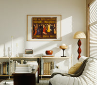 Elegant Parisian crowd in fine dress print in an oak frame above a mid-century book console with a vintage radio