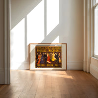 Elegant Parisian crowd in fine dress print in an oak frame on a sunlit wood floor beneath tall window light