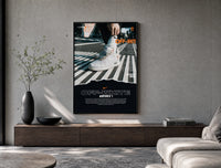 White Nike Air Force 1 sneaker poster framed above a wood console in a concrete-wall living room