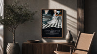 White Nike Air Force 1 sneaker poster framed above a fluted sideboard beside an olive tree