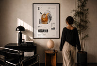 Old Fashioned Cocktail Market print in a black frame on a sunlit plaster wall, a woman looking on beside a mushroom lamp