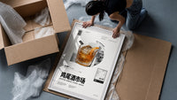 Old Fashioned Cocktail Market framed print being unpacked from protective bubble wrap and a box