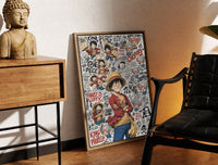 Brass-framed Monkey D. Luffy and Chopper collage print leaning in a warm styled corner by a sculpture