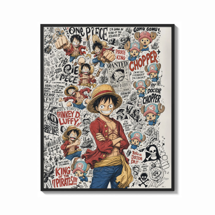 Framed Monkey D. Luffy and Chopper collage print shown as a bold statement piece on a clean gallery wall