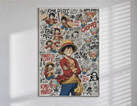 Monkey D. Luffy and Chopper collage poster in a slim frame on a bright wall with soft window light