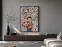 Monkey D. Luffy and Chopper collage poster framed above a wood console in a concrete-wall living room